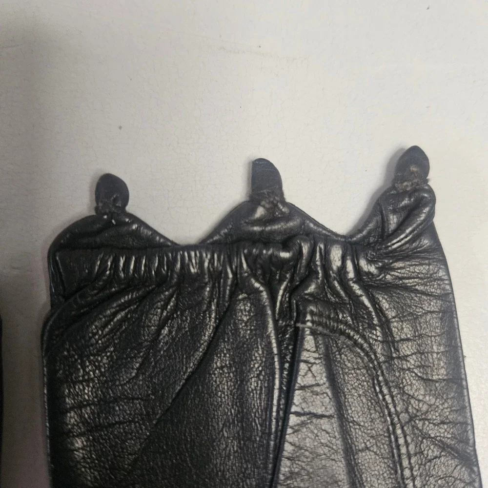 Vintage Black Leather Crown Scalloped Wrist Gloves EU 50 Gothic Regal 50s 60s